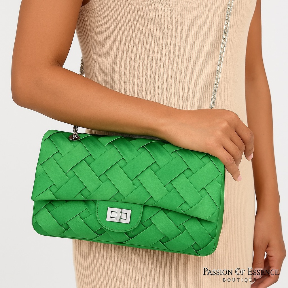 Emerald Green Pleated Satin Shoulder Bag – Silver Chain Flap Clutch